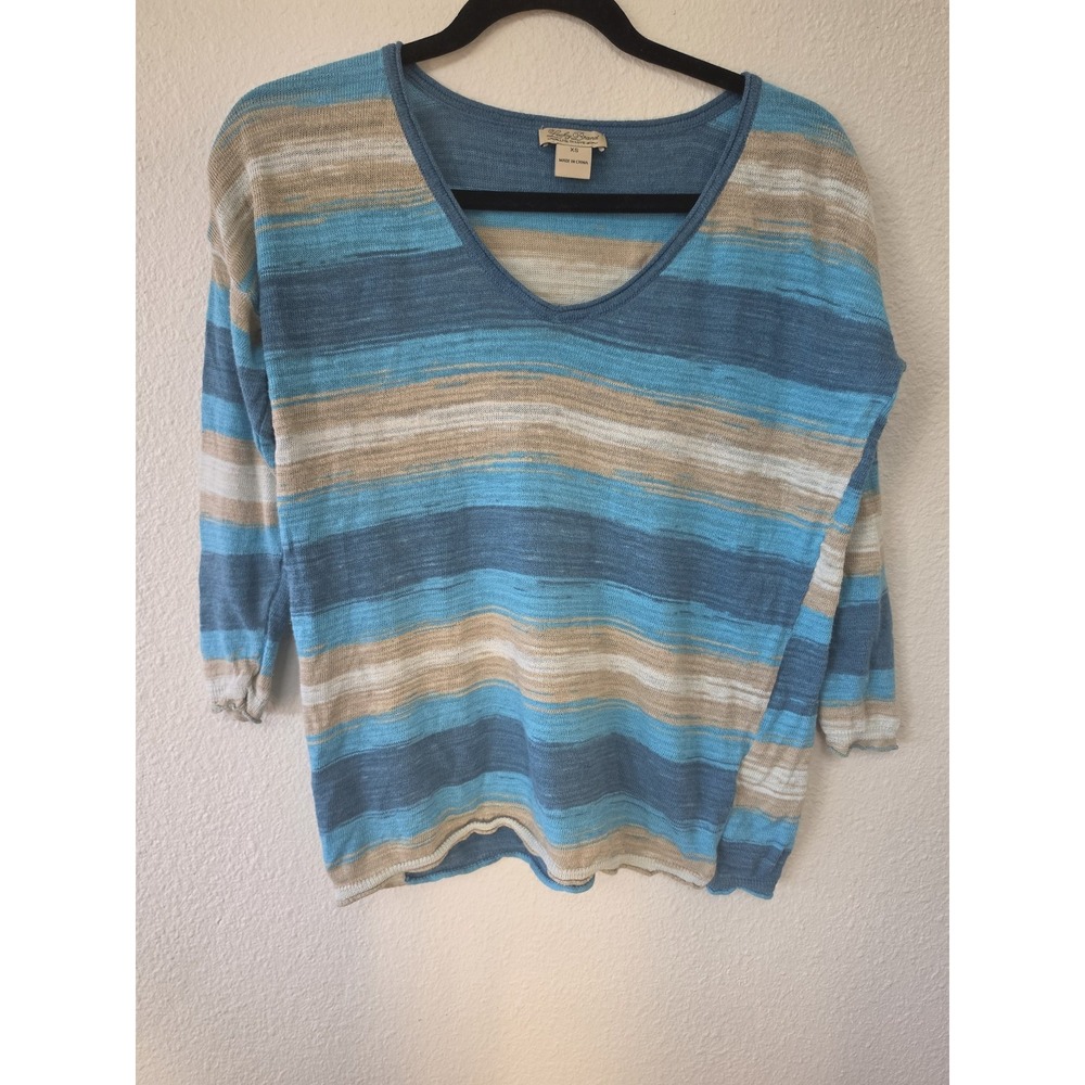 Lucky Brand Sweater XS Striped Crew Neck 3/4 Sleeve Blue Beige Pullover Top